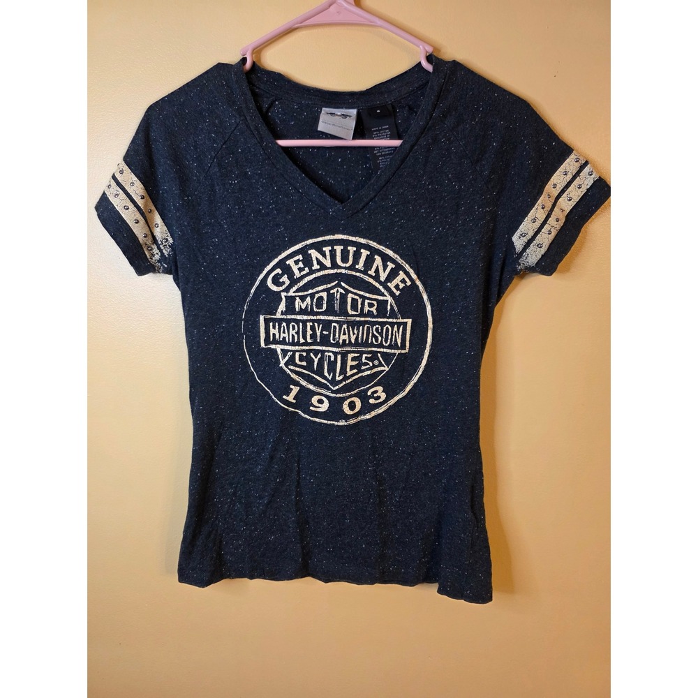 Harley Davidson Womens T-Shirt Bundle Lot of 2 V-Neck Scoop Neck Grey Blue S L